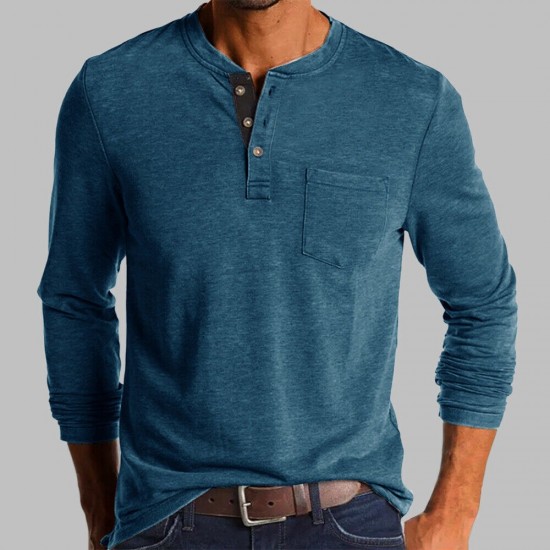 Mens Casual Long Sleeve T-shirt Henley Grandad V Neck Button Solid Tee Shirt Top