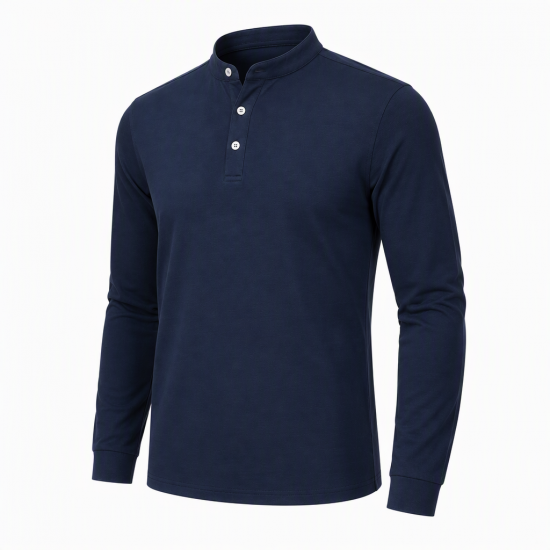 Mens Grandad Polo Shirts Long Sleeve Smart Work Business Golf Casual Solid Tops