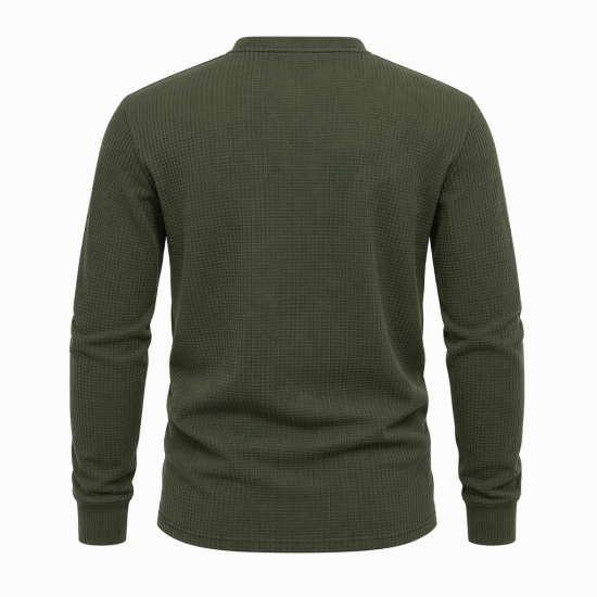 Mens Henley Long Sleeve Jumper Top Plain Grandad Neck Waffle Knit Teet (2208-A)