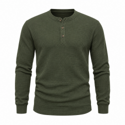 Mens Henley Long Sleeve Jumper Top Plain Grandad Neck Waffle Knit Teet (2208-A)