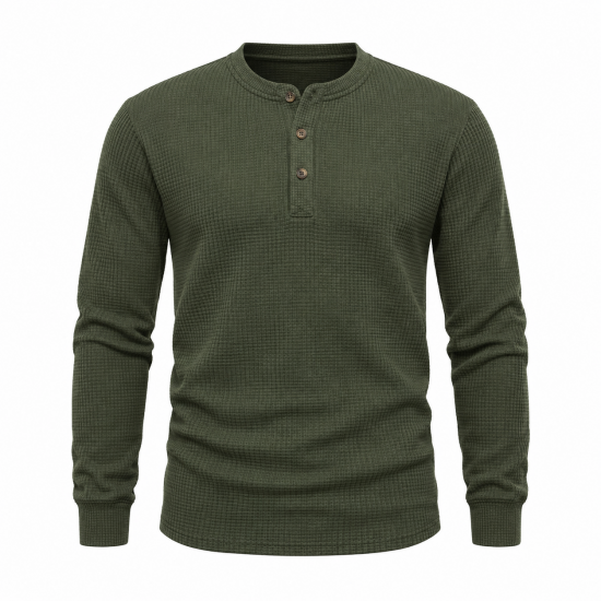 Mens Henley Long Sleeve Jumper Top Plain Grandad Neck Waffle Knit Teet (2208-A)